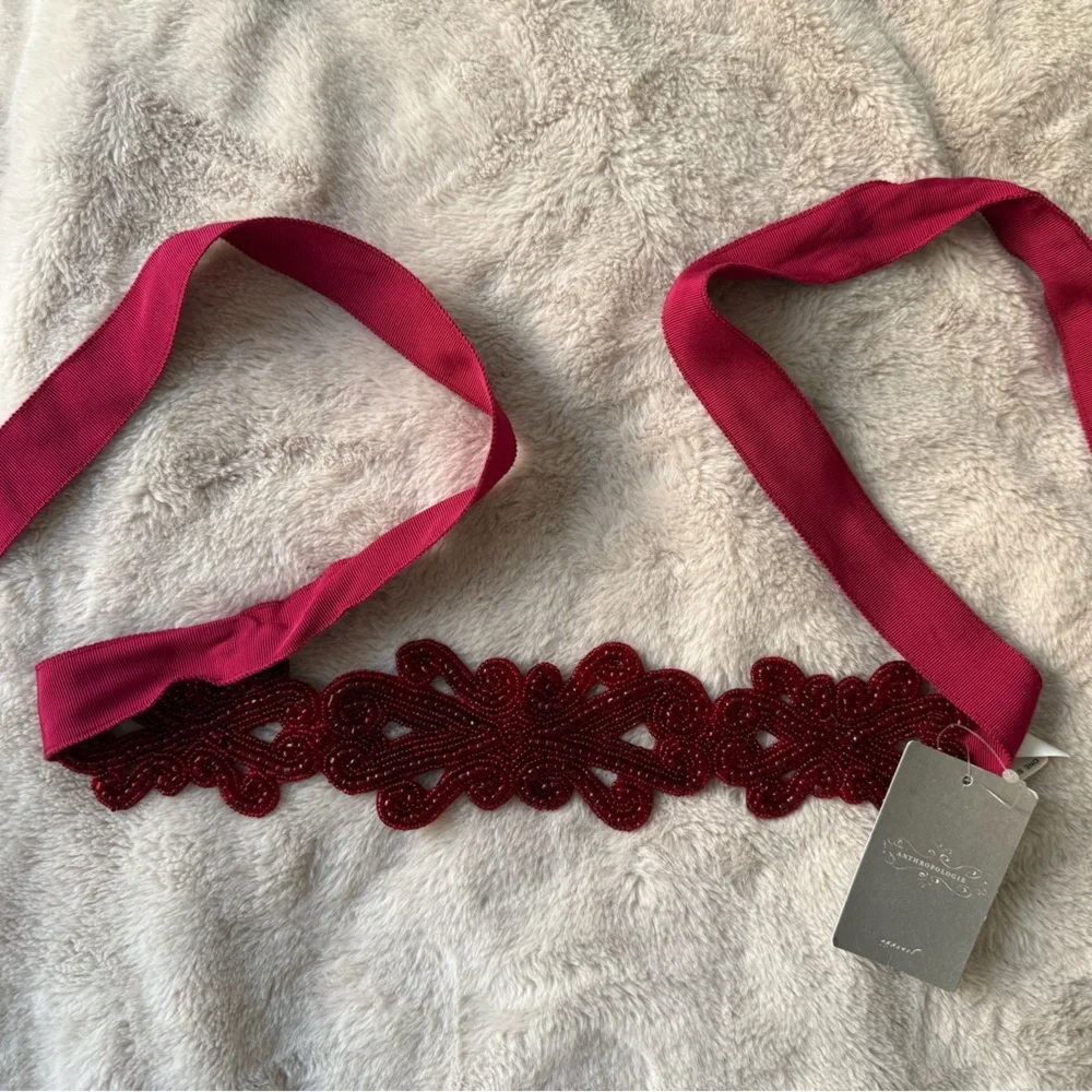 NWT Anthropologie Beaded Tie Belt Wine Red